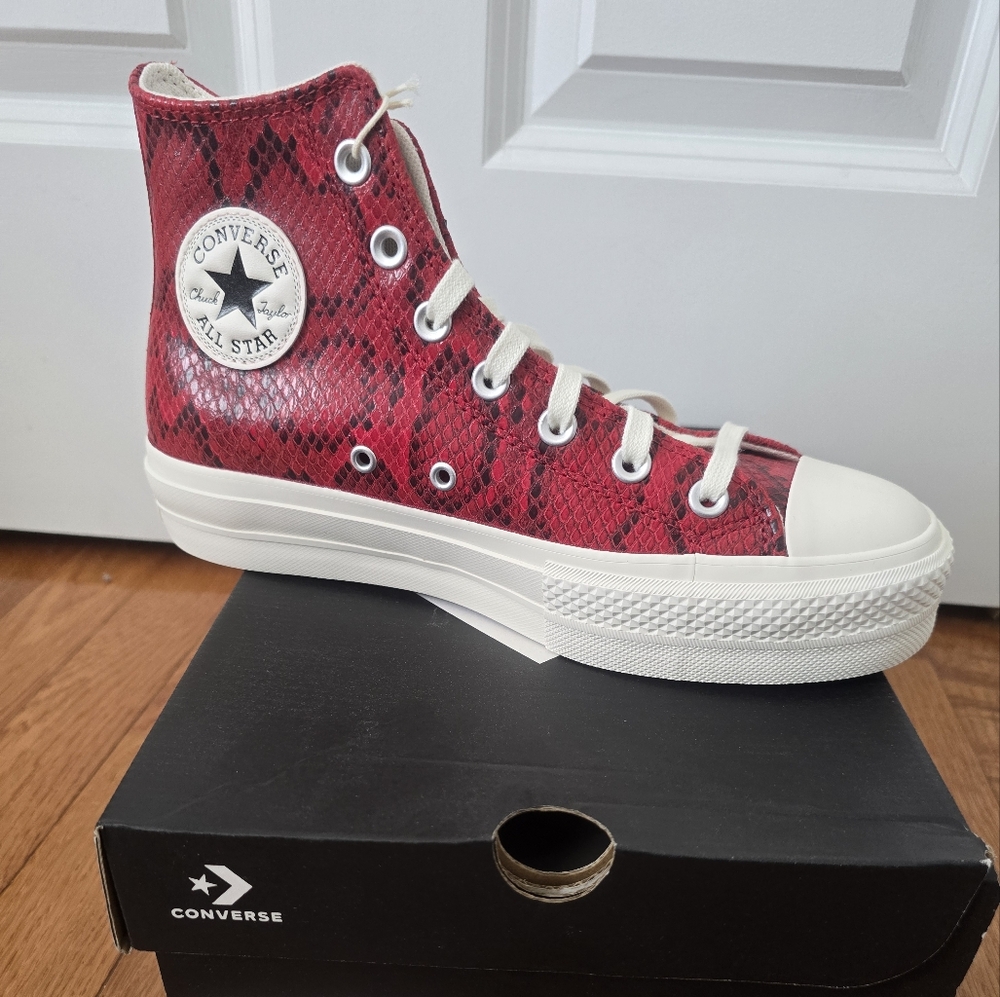 Leather Red Snake Print High-Top Sneakers